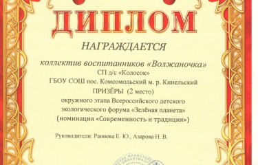 В номинации «Современность и традиция» коллектив воспитанников детского сада «Волжаночка» занял 2 место, руководители Раннева Елена Юрьевна и Азарова Наталья Владимировна